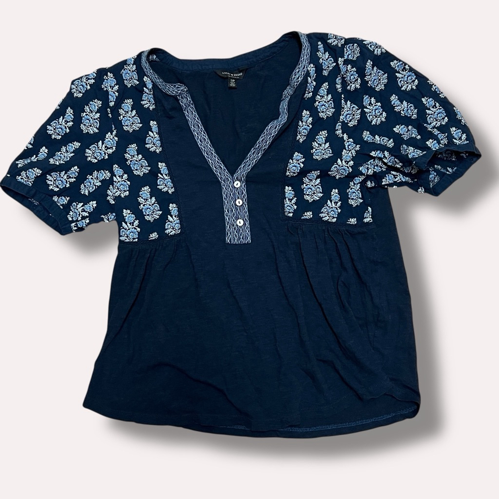 Lucky Brand Boho Peasant Top Navy Blue Floral Short Sleeve V Neck Women S/P - Picture 12 of 13